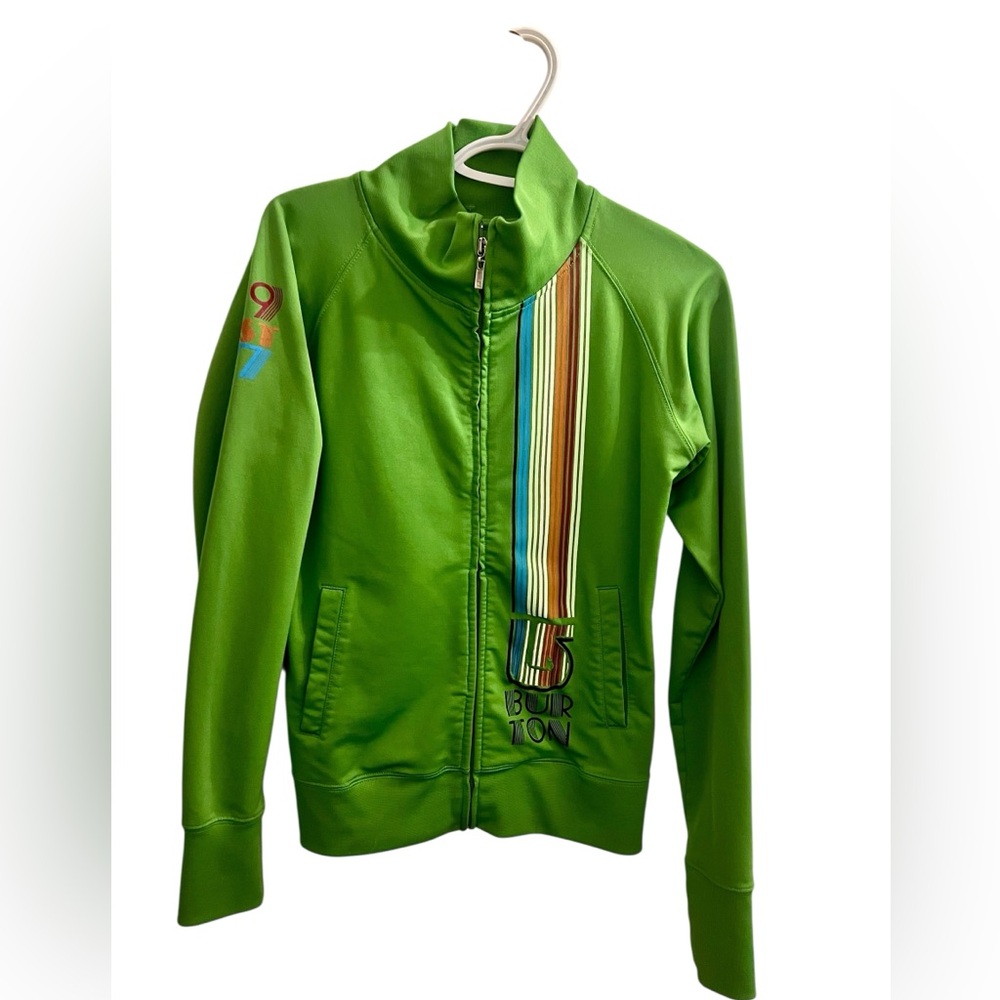 Vintage Burton Men's Green Zip-Up with Stripes